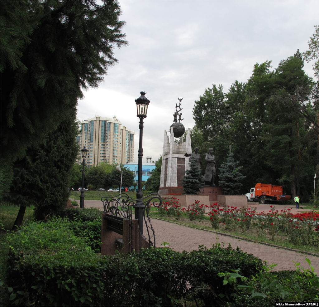 Kazakhstan - Monument to Manshuk Mametova and Aliya Moldagulova, Heroes of the Soviet Union who died in World War II. Almaty, July 2020.